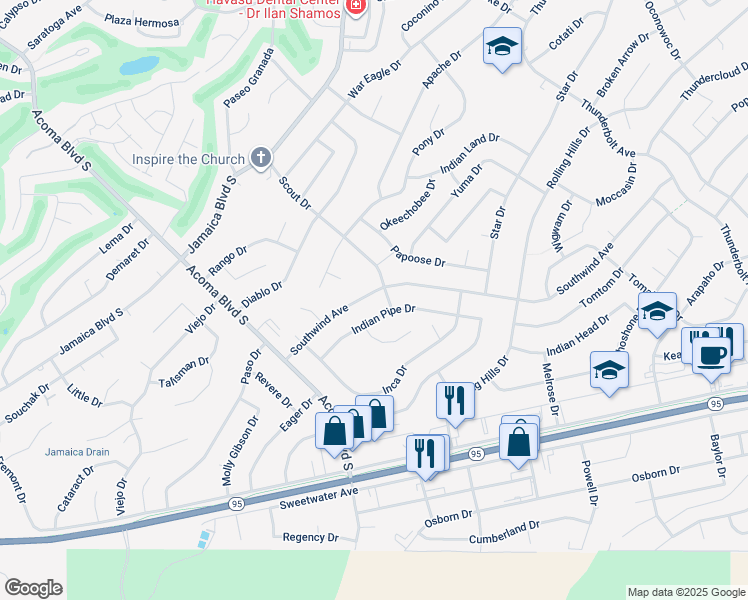 map of restaurants, bars, coffee shops, grocery stores, and more near 2800 Southwind Avenue in Lake Havasu City