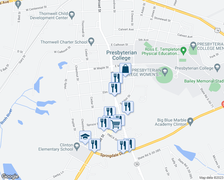 map of restaurants, bars, coffee shops, grocery stores, and more near 708 South Broad Street in Clinton