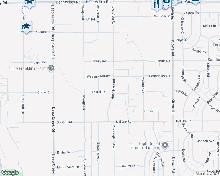 map of restaurants, bars, coffee shops, grocery stores, and more near 11550 Itoya Vista Road in Apple Valley