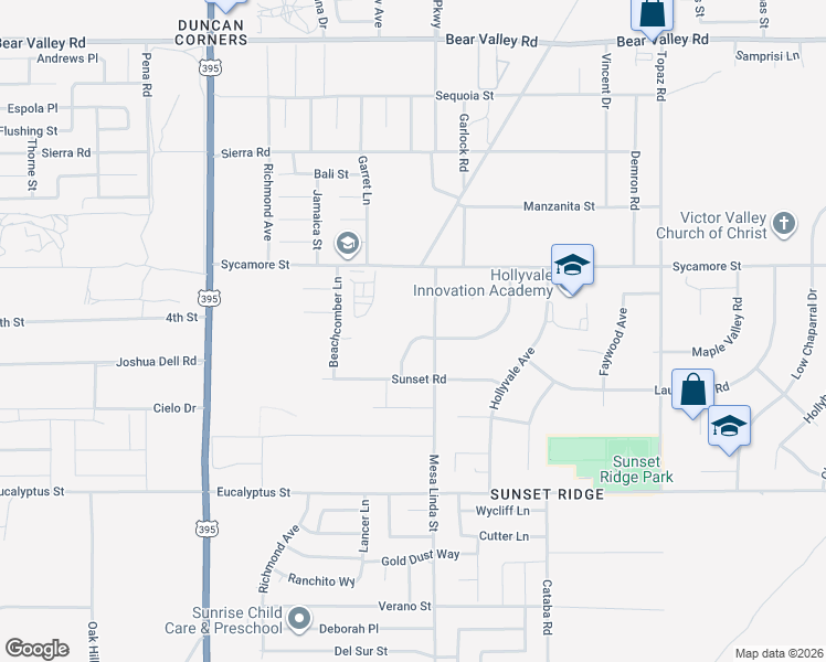 map of restaurants, bars, coffee shops, grocery stores, and more near 12476 Guadalupe Street in Victorville