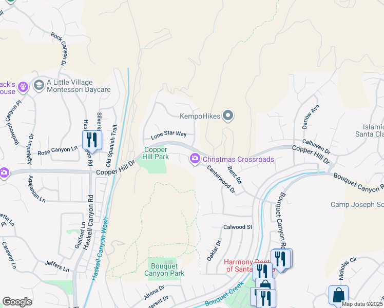 map of restaurants, bars, coffee shops, grocery stores, and more near 21103 Cross Creek Drive in Santa Clarita