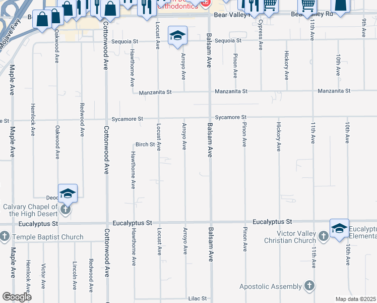 map of restaurants, bars, coffee shops, grocery stores, and more near 11569 Arroyo Avenue in Hesperia