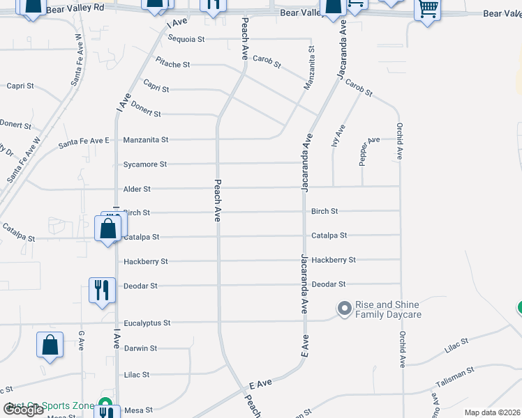 map of restaurants, bars, coffee shops, grocery stores, and more near 18104 Birch Street in Hesperia