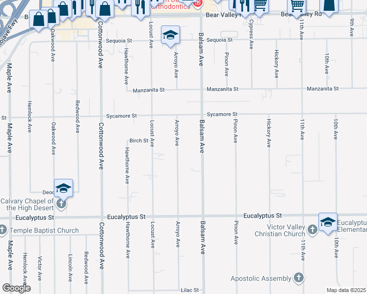 map of restaurants, bars, coffee shops, grocery stores, and more near 11569 Arroyo Avenue in Hesperia