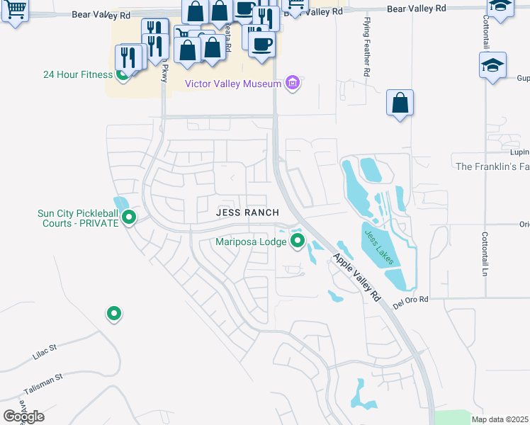 map of restaurants, bars, coffee shops, grocery stores, and more near 19274 Olive Way in Apple Valley