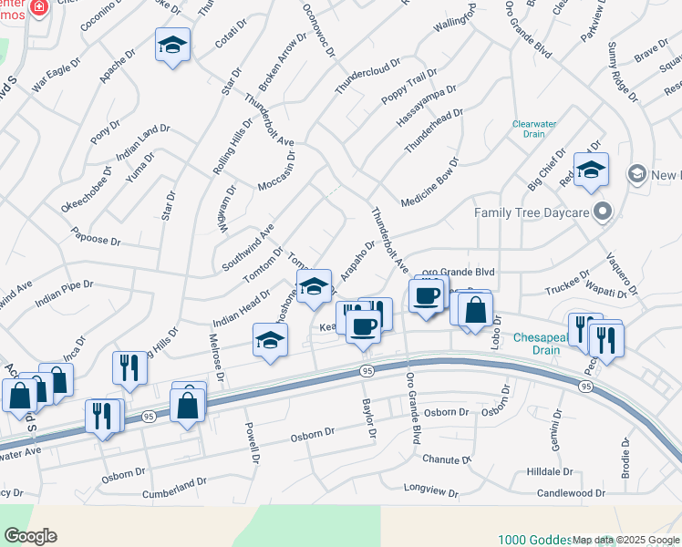 map of restaurants, bars, coffee shops, grocery stores, and more near 3165 Arapaho Drive in Lake Havasu City