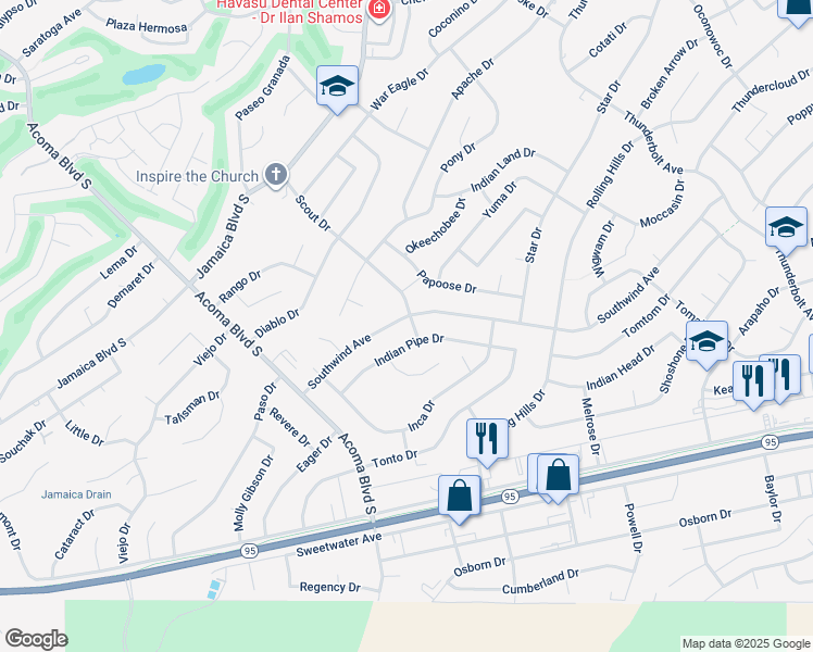 map of restaurants, bars, coffee shops, grocery stores, and more near 2800 Southwind Avenue in Lake Havasu City