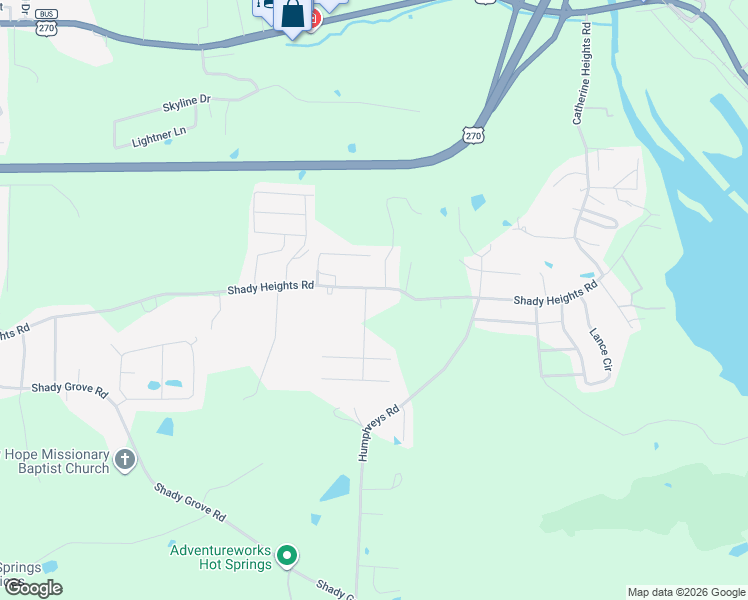 map of restaurants, bars, coffee shops, grocery stores, and more near 530 Shady Heights Road in Hot Springs
