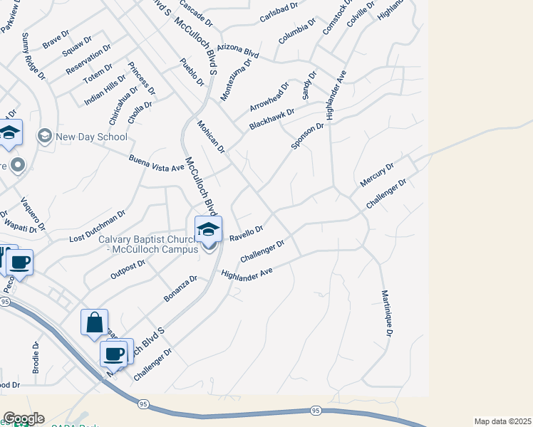 map of restaurants, bars, coffee shops, grocery stores, and more near 3951 Ravello Drive in Lake Havasu City