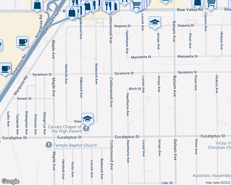 map of restaurants, bars, coffee shops, grocery stores, and more near Cottonwood Avenue in Hesperia