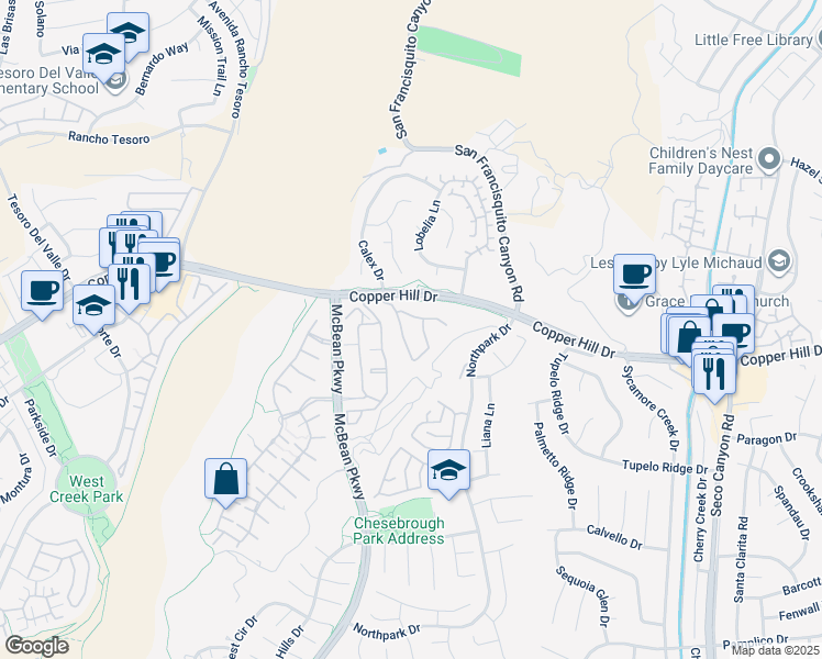 map of restaurants, bars, coffee shops, grocery stores, and more near 28248 Canterbury Court in Santa Clarita