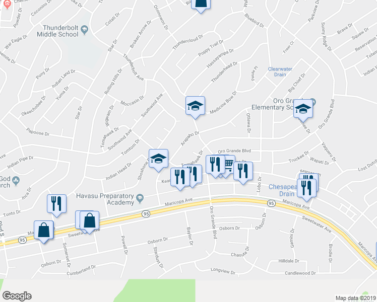 map of restaurants, bars, coffee shops, grocery stores, and more near 3281 Tomahawk Lane in Lake Havasu City