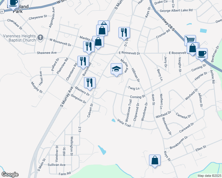 map of restaurants, bars, coffee shops, grocery stores, and more near 100 Townsley Court in Anderson