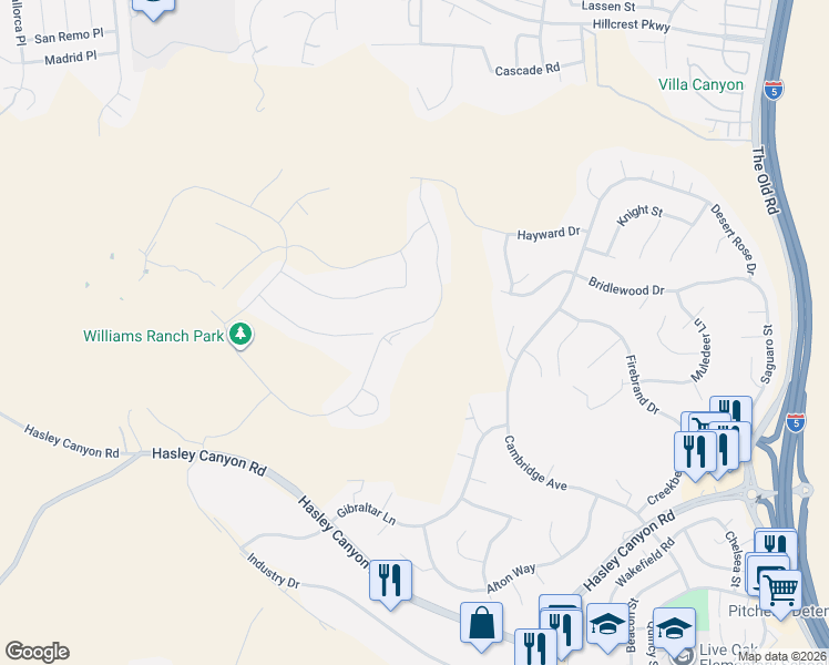 map of restaurants, bars, coffee shops, grocery stores, and more near 28422 Old Springs Road in Castaic