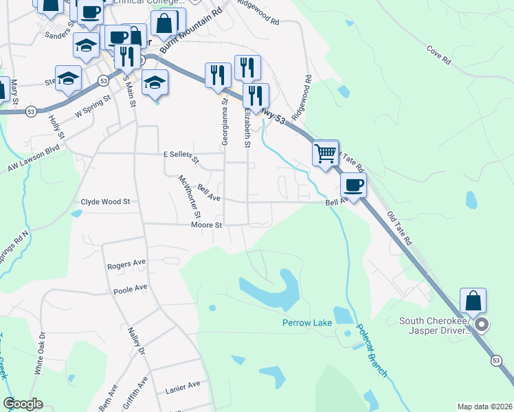 map of restaurants, bars, coffee shops, grocery stores, and more near 270 Bell Avenue in Jasper