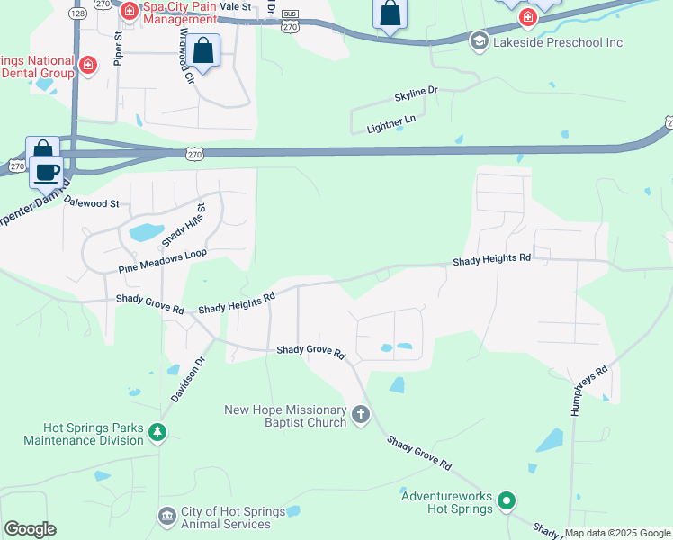 map of restaurants, bars, coffee shops, grocery stores, and more near 247 Shady Heights Road in Hot Springs
