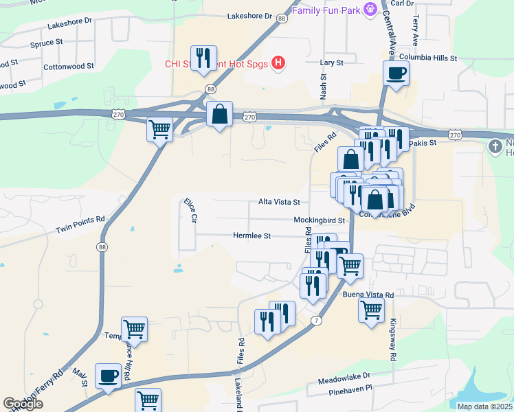 map of restaurants, bars, coffee shops, grocery stores, and more near 119 Alta Vista Street in Hot Springs