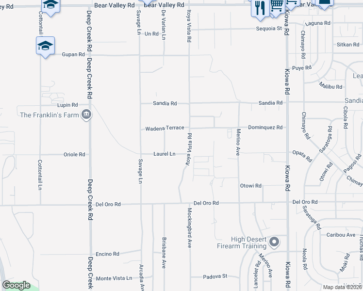 map of restaurants, bars, coffee shops, grocery stores, and more near 11550 Itoya Vista Road in Apple Valley