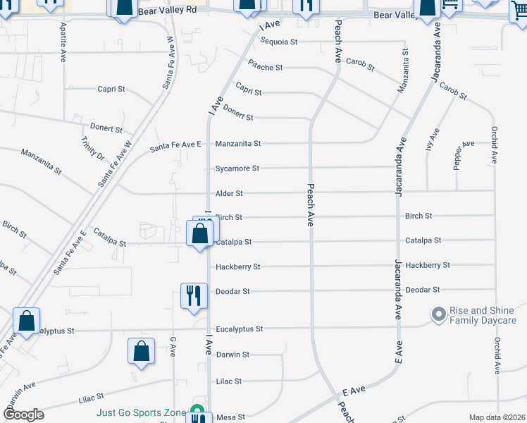 map of restaurants, bars, coffee shops, grocery stores, and more near 17852 Birch Street in Hesperia
