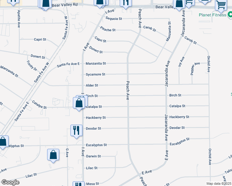 map of restaurants, bars, coffee shops, grocery stores, and more near 17908 Birch Street in Hesperia