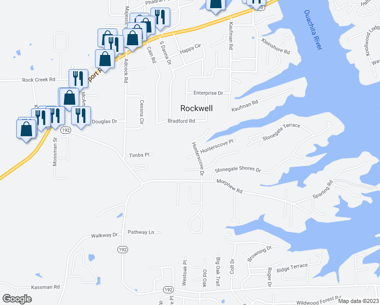 map of restaurants, bars, coffee shops, grocery stores, and more near 104 Hunterscove Lane in Hot Springs