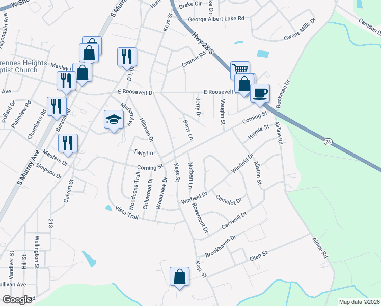 map of restaurants, bars, coffee shops, grocery stores, and more near 306 Corning Street in Anderson
