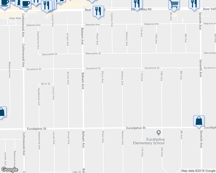 map of restaurants, bars, coffee shops, grocery stores, and more near 11555 Pinon Avenue in Hesperia