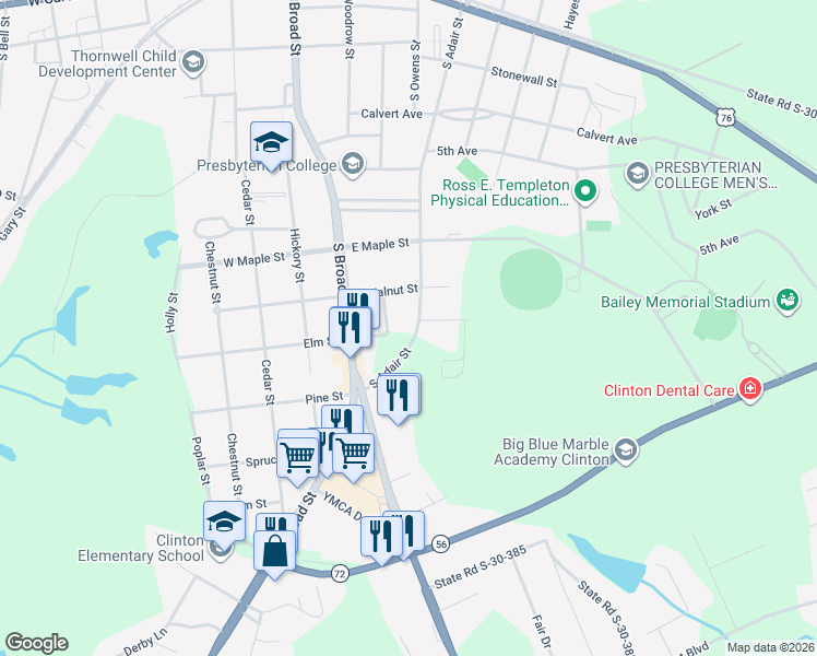 map of restaurants, bars, coffee shops, grocery stores, and more near 606 South Adair Street in Clinton