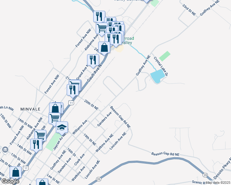 map of restaurants, bars, coffee shops, grocery stores, and more near 74 Elizabeth Drive Northeast in Fort Payne
