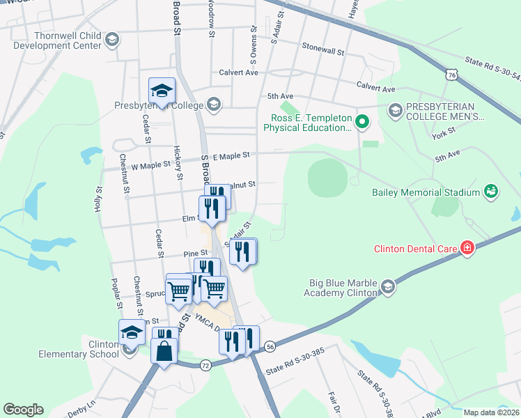 map of restaurants, bars, coffee shops, grocery stores, and more near 606 South Adair Street in Clinton