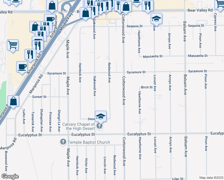 map of restaurants, bars, coffee shops, grocery stores, and more near 11581 Redwood Avenue in Hesperia