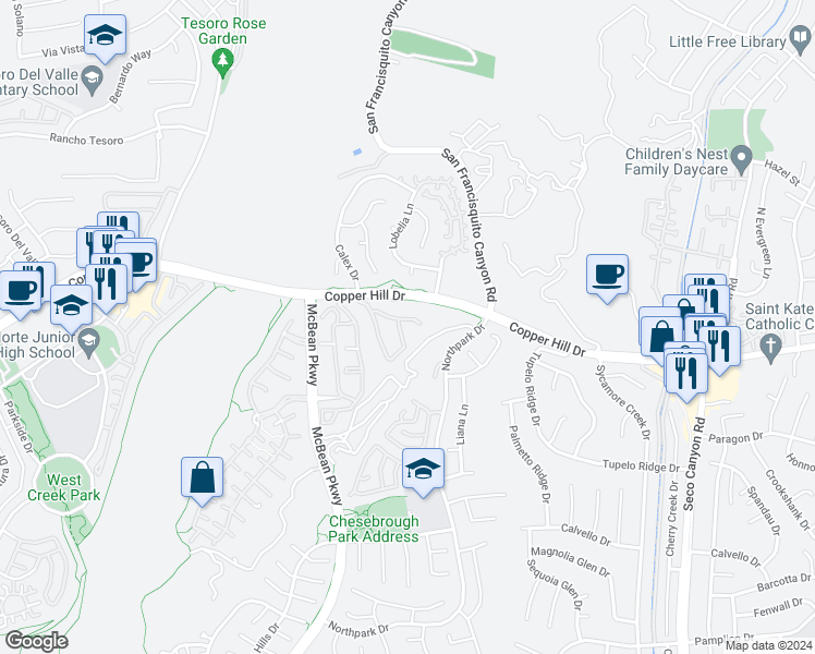 map of restaurants, bars, coffee shops, grocery stores, and more near 28191 Ashbrook Lane in Santa Clarita