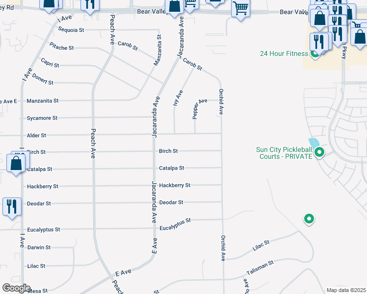 map of restaurants, bars, coffee shops, grocery stores, and more near 18344 Birch Street in Hesperia