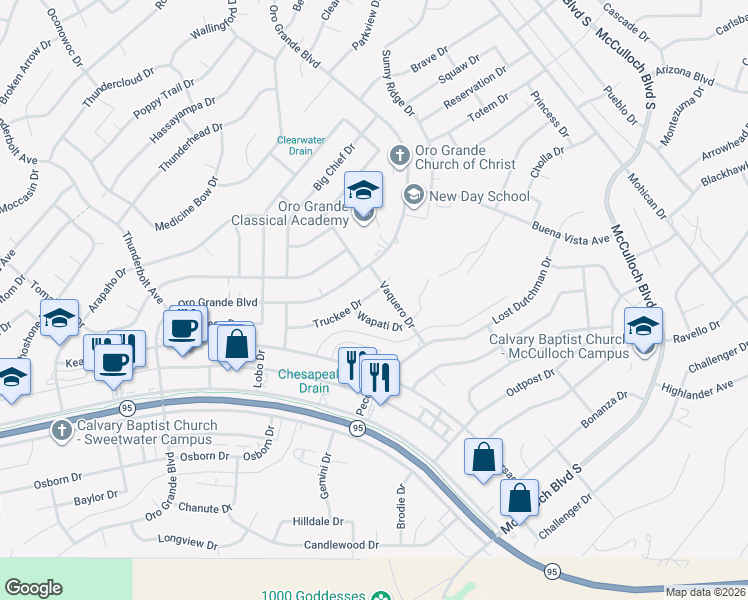 map of restaurants, bars, coffee shops, grocery stores, and more near 3470 Truckee Drive in Lake Havasu City
