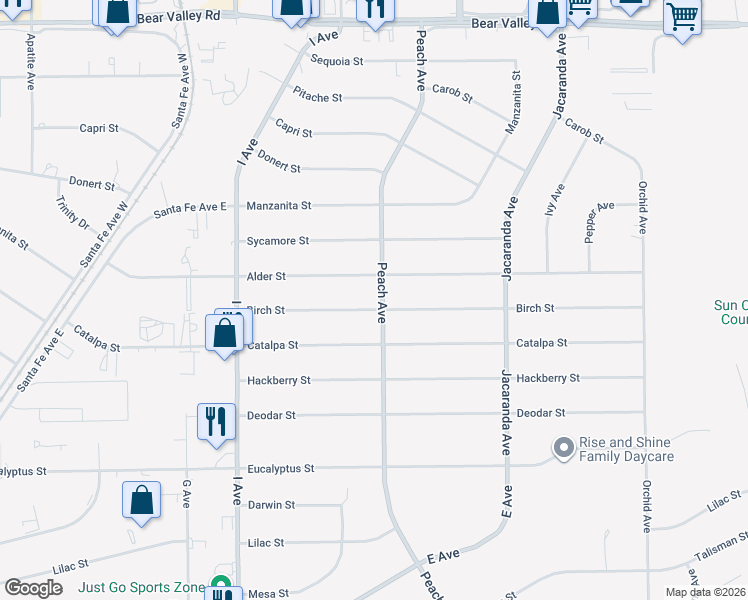 map of restaurants, bars, coffee shops, grocery stores, and more near 11598 Peach Avenue in Hesperia