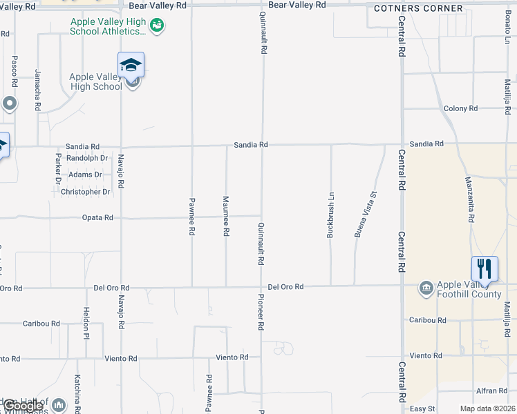 map of restaurants, bars, coffee shops, grocery stores, and more near Quinnault Road in Apple Valley