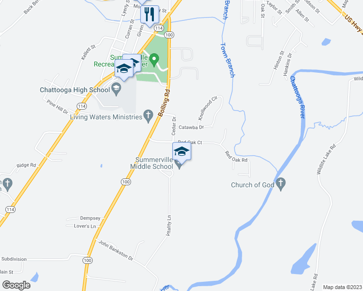 map of restaurants, bars, coffee shops, grocery stores, and more near 160 Red Oak Road in Summerville