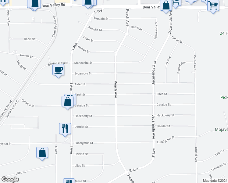 map of restaurants, bars, coffee shops, grocery stores, and more near 11598 Peach Avenue in Hesperia