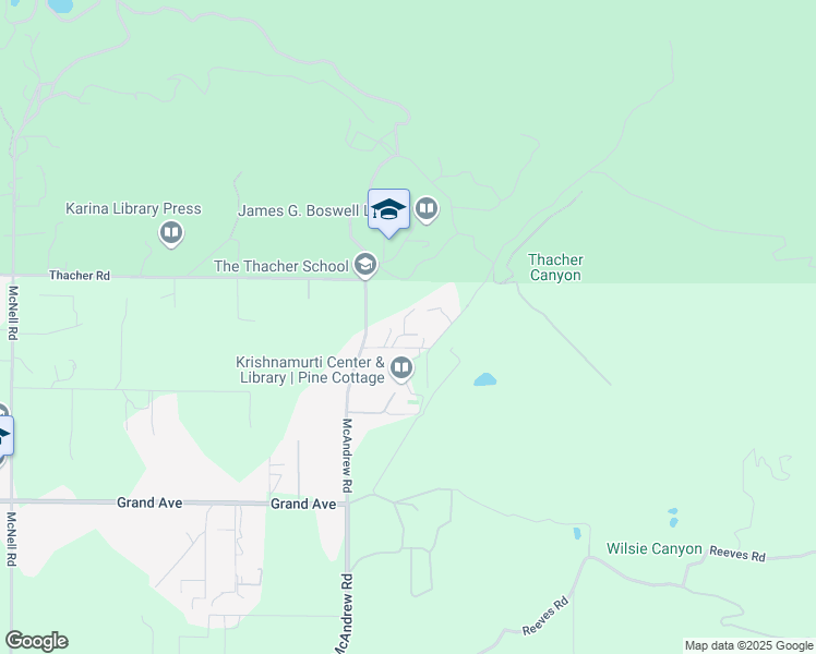 map of restaurants, bars, coffee shops, grocery stores, and more near 1310 McAndrew Road in Ojai