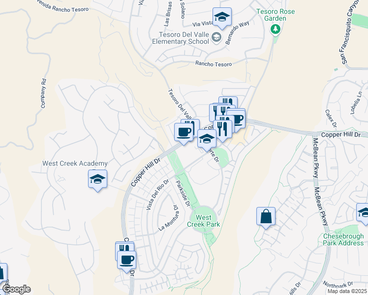 map of restaurants, bars, coffee shops, grocery stores, and more near 24070 Copper Hill Drive in Santa Clarita