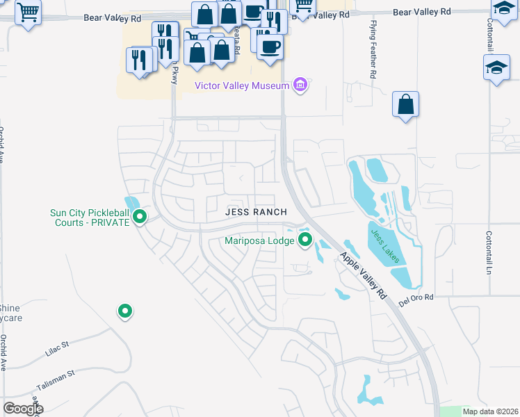 map of restaurants, bars, coffee shops, grocery stores, and more near 19237 Palm Way in Apple Valley