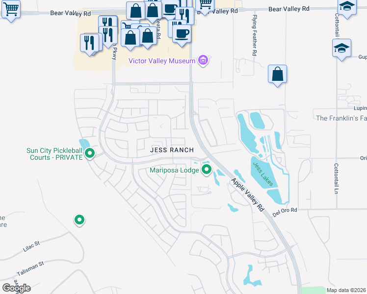 map of restaurants, bars, coffee shops, grocery stores, and more near 19273 Palm Way in Apple Valley