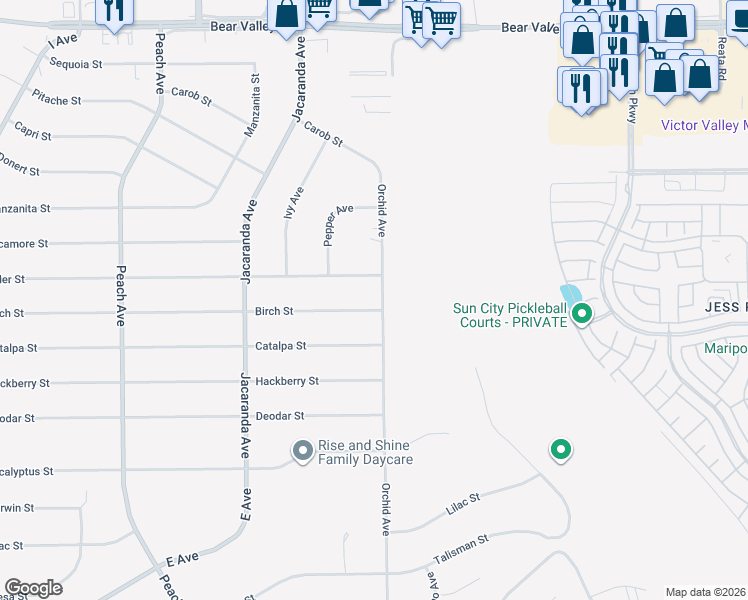 map of restaurants, bars, coffee shops, grocery stores, and more near 11562 Orchid Avenue in Hesperia