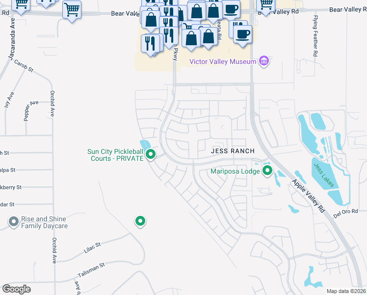 map of restaurants, bars, coffee shops, grocery stores, and more near 11545 Oak Street in Apple Valley