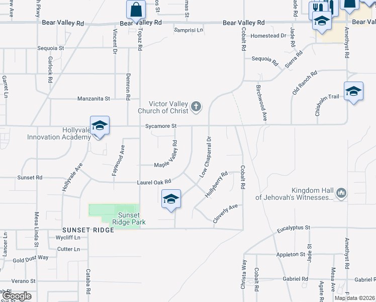 map of restaurants, bars, coffee shops, grocery stores, and more near 11600 Laurel Oak Road in Victorville
