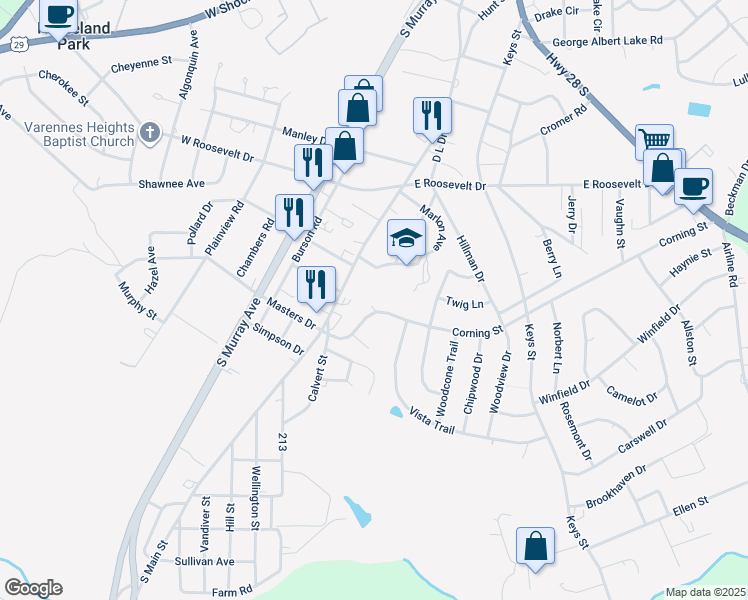 map of restaurants, bars, coffee shops, grocery stores, and more near 100 Townsley Court in Anderson