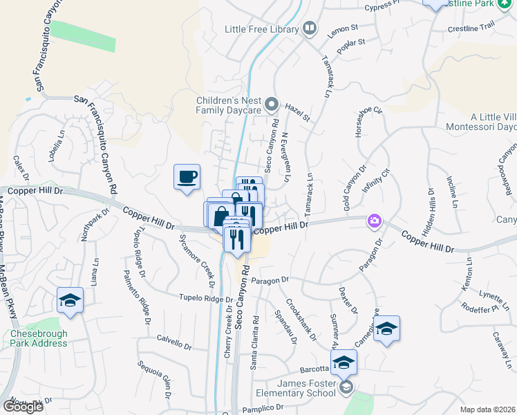 map of restaurants, bars, coffee shops, grocery stores, and more near 28130 Seco Canyon Road in Santa Clarita