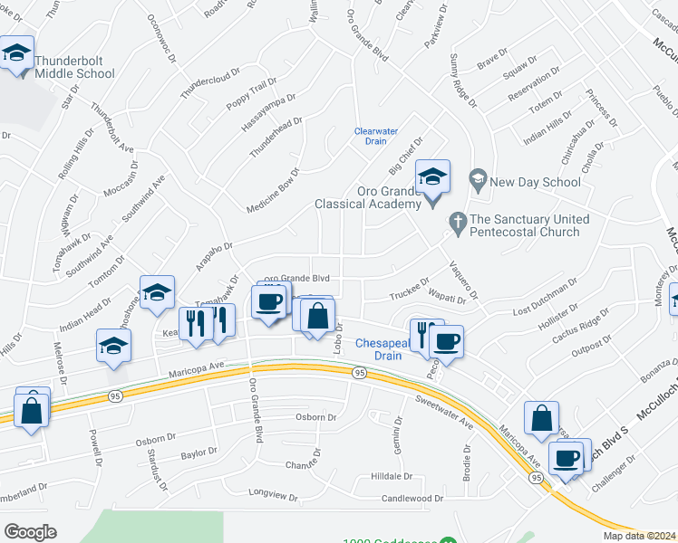 map of restaurants, bars, coffee shops, grocery stores, and more near 3325 Mockingbird Drive in Lake Havasu City
