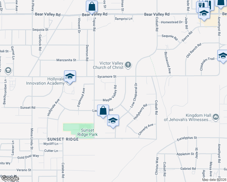 map of restaurants, bars, coffee shops, grocery stores, and more near 11604 Maple Valley Road in Victorville