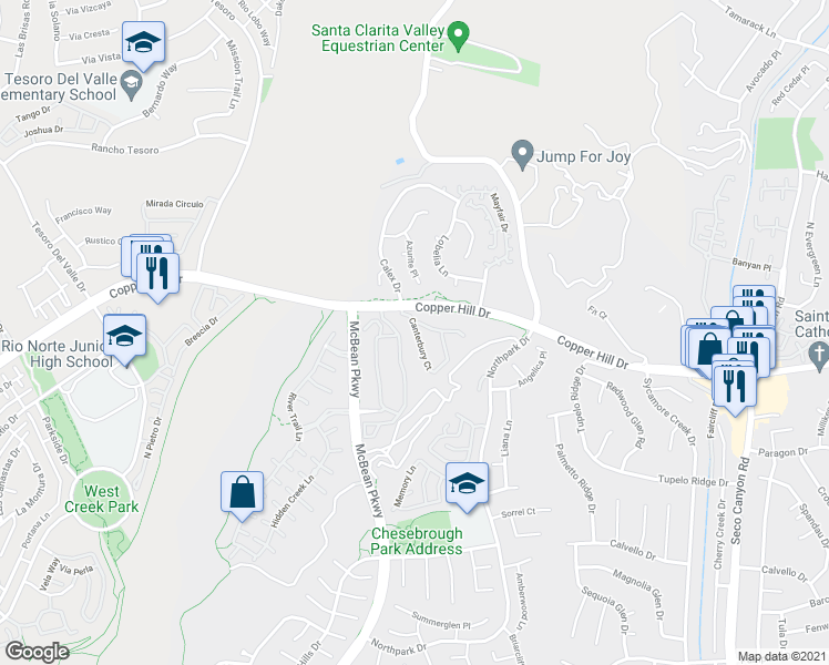 map of restaurants, bars, coffee shops, grocery stores, and more near 28265 Canterbury Court in Santa Clarita